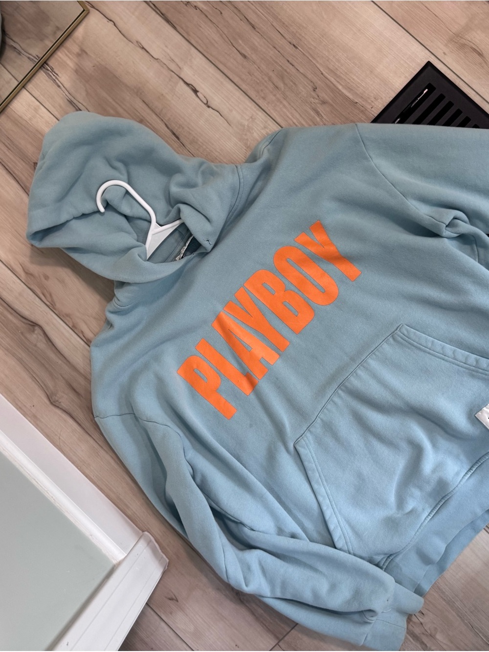 PLAYBOYxPacsun Men's Crewneck Hoodie in Light Blue with Orange Logo
